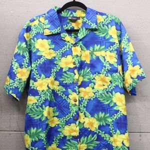 Mens Roundy Bay Hawaiian Shirt SS Blue & Yellow Tropical Floral Print Size L